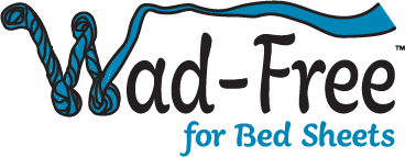 Wad-Free for Bed Sheets logo in blue with the W looking like a tangled sheet becoming unraveled as it covers the letters ad-free