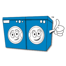 Blue and white washer and dryer cartoon characters with friendly smiling faces in the appliance doors. The dryer cartoon is giving a big thumbs up.