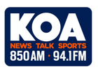 KOA News Talk Sports 850AM 94.1FM logo is white and orange type in a navy square