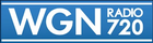 WGN Radio 720 logo is white sans serif type staggered in a blue rectangle with white bars at the top and bottom