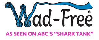 Wad-Free as seen on ABC's Shark Tank logo. The W in Wad looks like a blue twisted sheet unravelling as it drapes over the word Wad-Free which is the first laundry gadget that stops sheets from tangling and balling in the washer and dryer