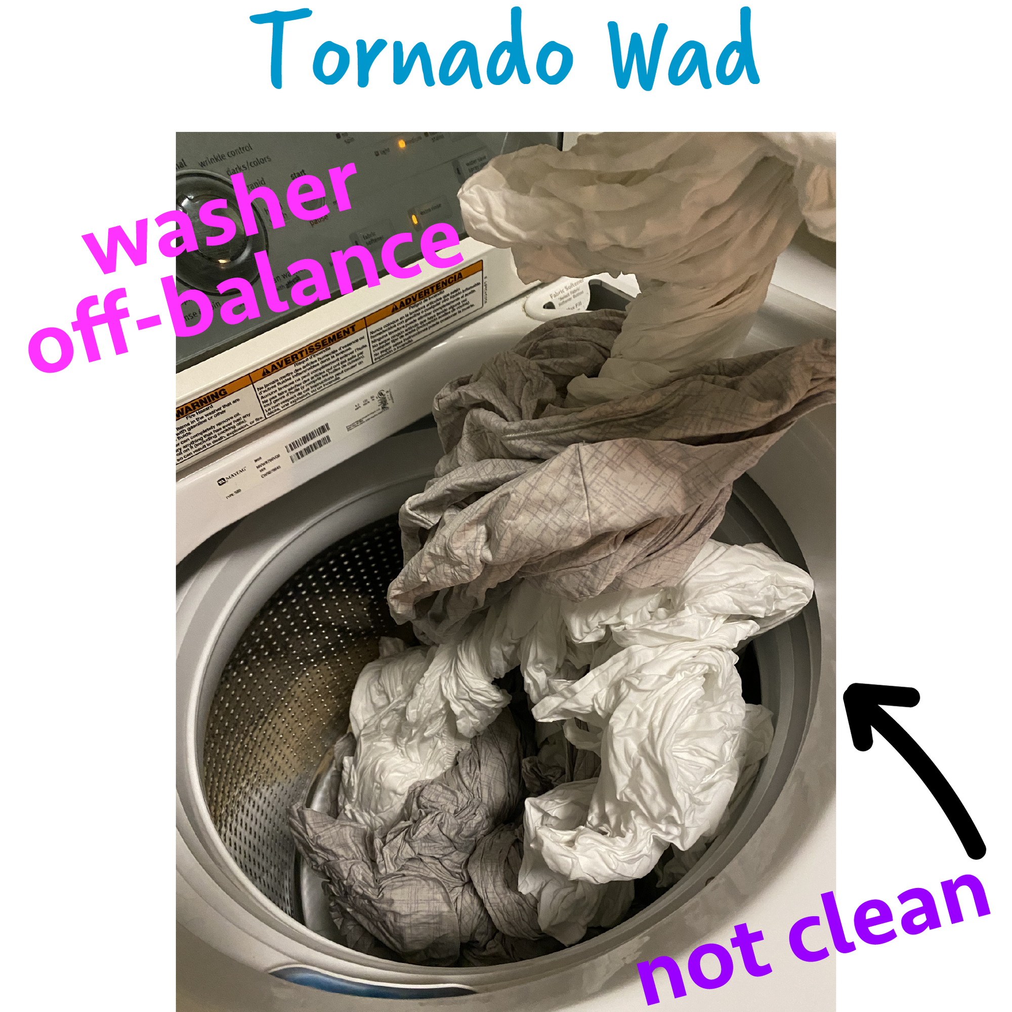 Wad-Free solves the Tornado Wad of twisted sheets intertwined and twisted coming out of a washing machine. Text on screen says Tornado wad with arrows pointing saying washer off-balance and not clean