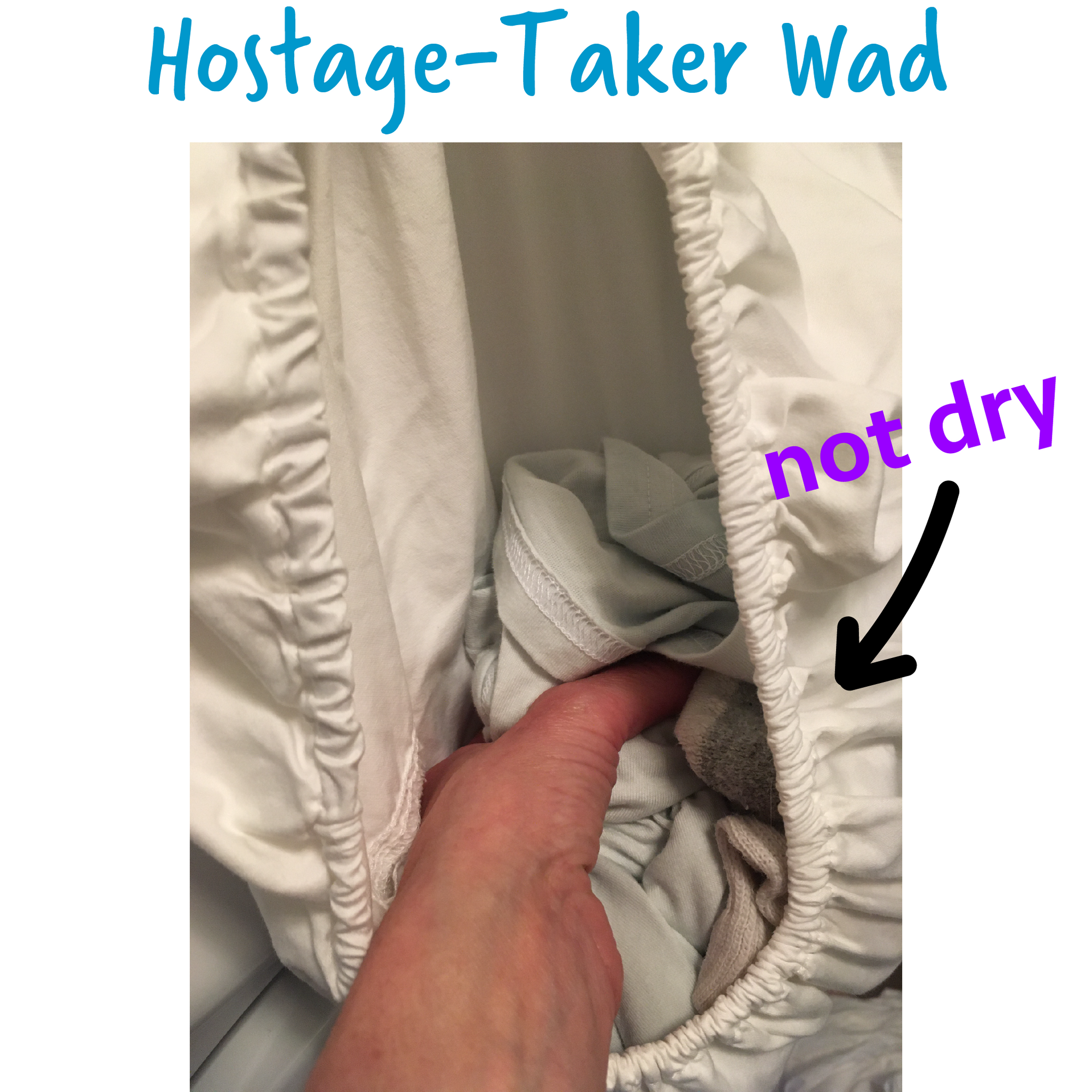 Wad-Free solves the problem of Hostage-Taker Wads when wet items get trapped inside the fitted sheet with elastic. A hand is shown taking grey pillowcases out of a white fitted sheet. The text on screen says Hostage taker wad with an arrow pointing to the sheet saying not dry