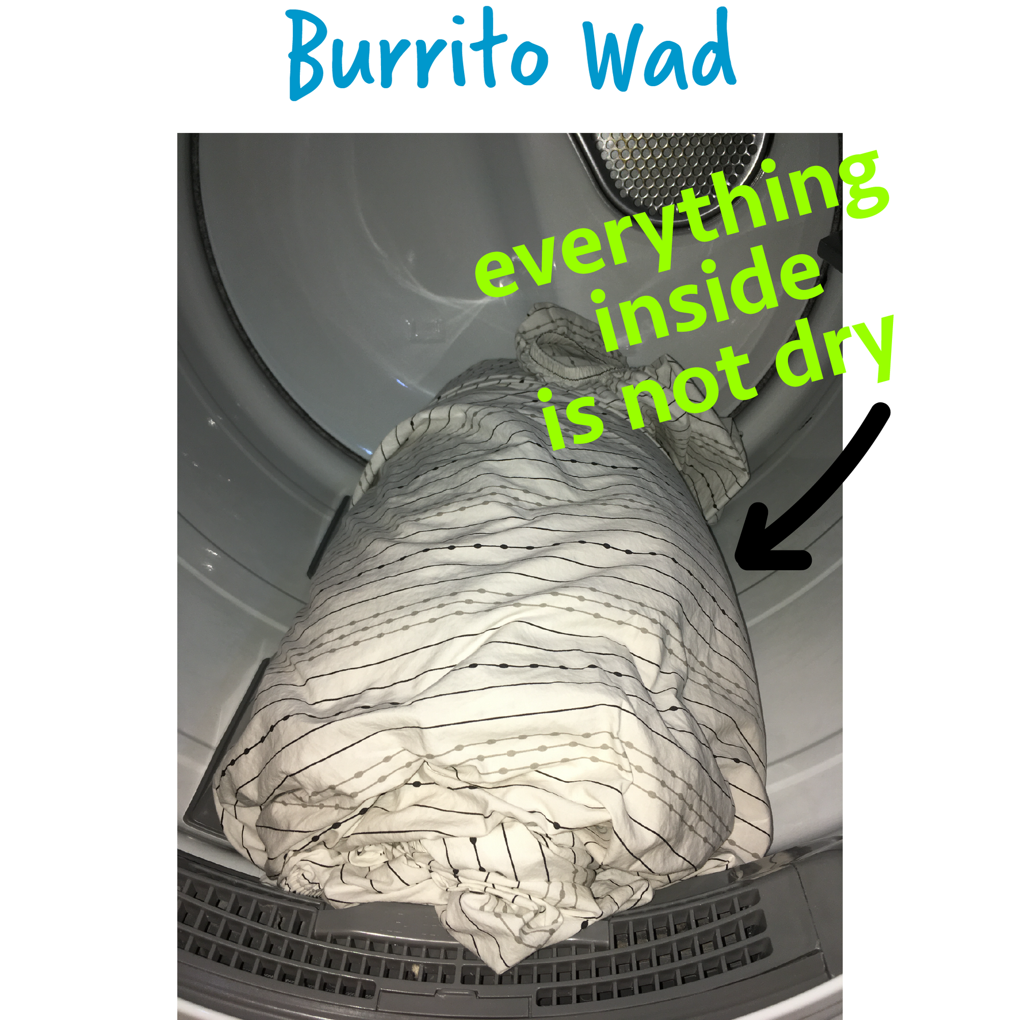 Wad-Free solves the Burrito Wad or ballsack of sheets where one sheet is wrapped around other items in the dryer and the items trapped inside are not dry. A white sheet with navy and grey stripes is shown in an open white dryer The text on screen says Burrito Wad with an arrow pointing to the sheet saying everything inside is not dry