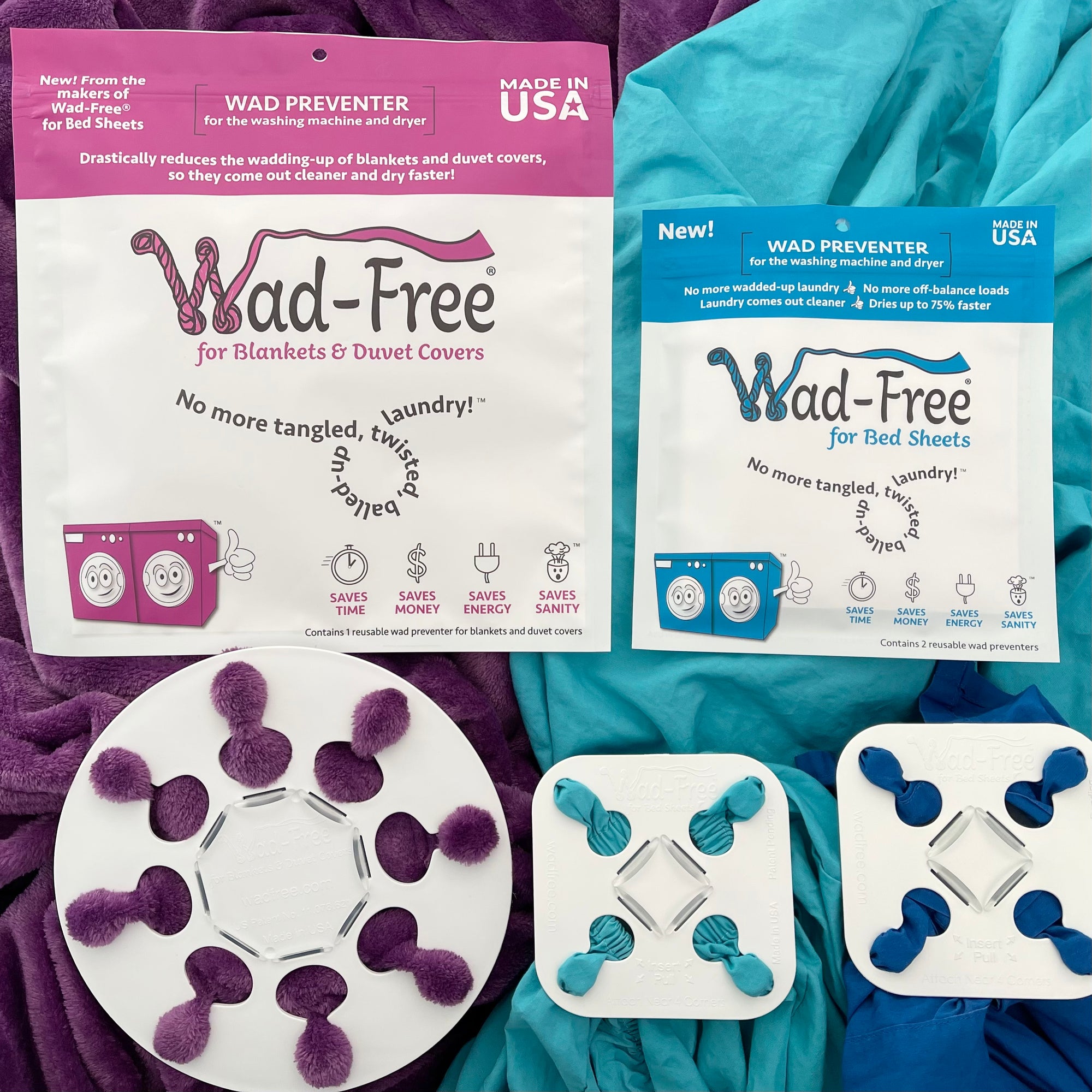 Wad-Free for Blankets and Duvet Covers is a white round disc attached to a purple blanket. Wad-Free for bed sheet is square and attached to blue and teal sheets