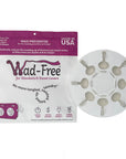 Wad-Free for Blankets and Duvet Cover Packaging and Product Photo Made in USA The package is bright orchid and white showing the logo in orchid and a washer and dryer cartoon character in orchid. The Wad-Free product is a white round plastic disc with eight keyholes and 8 clear tabs