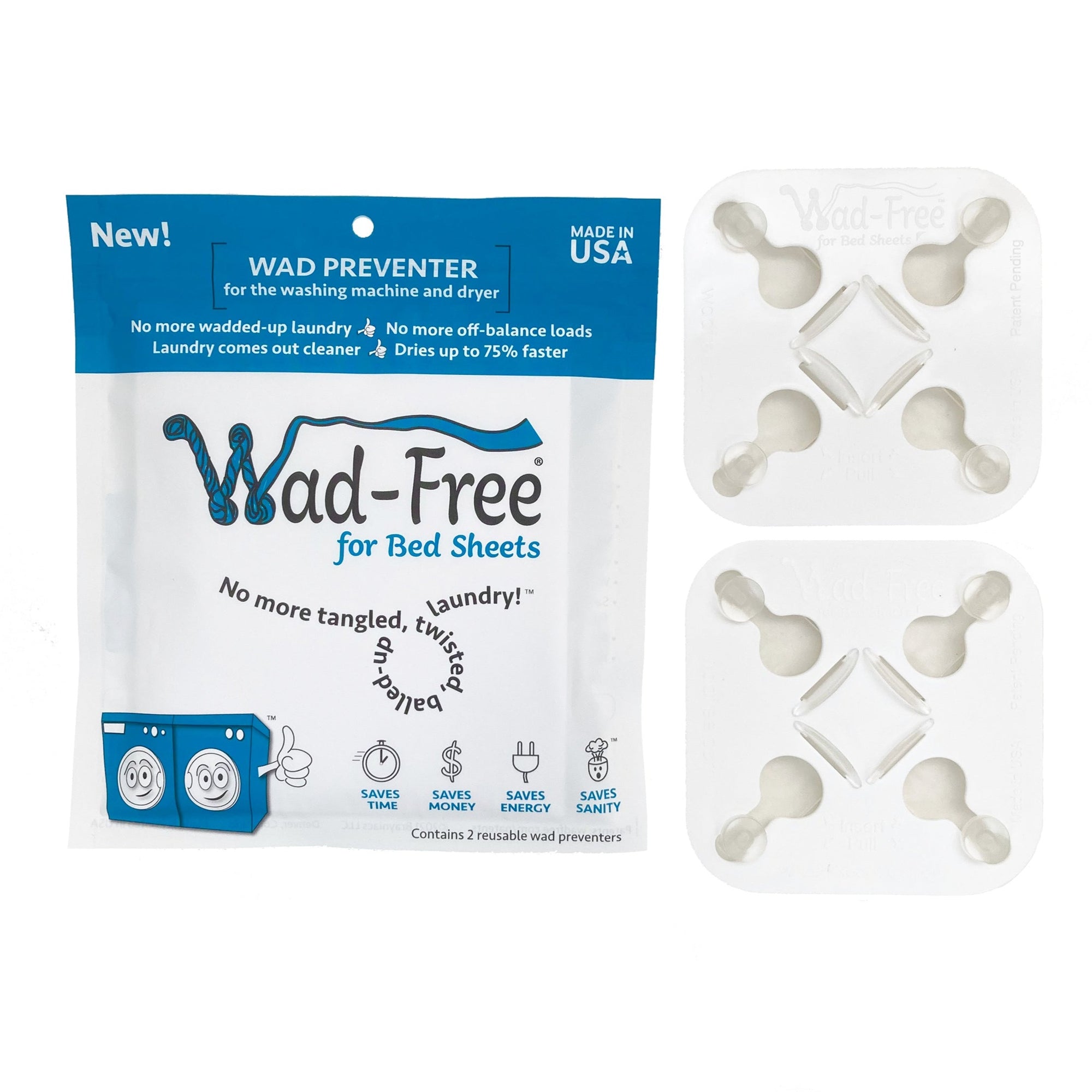 Wad-Free for Bed Sheets blue and white packaging with two square plastic devices