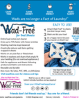 Back of Wad-Free for Bed Sheets product packaging describing briefly the product benefits, how to use, and product compatibility