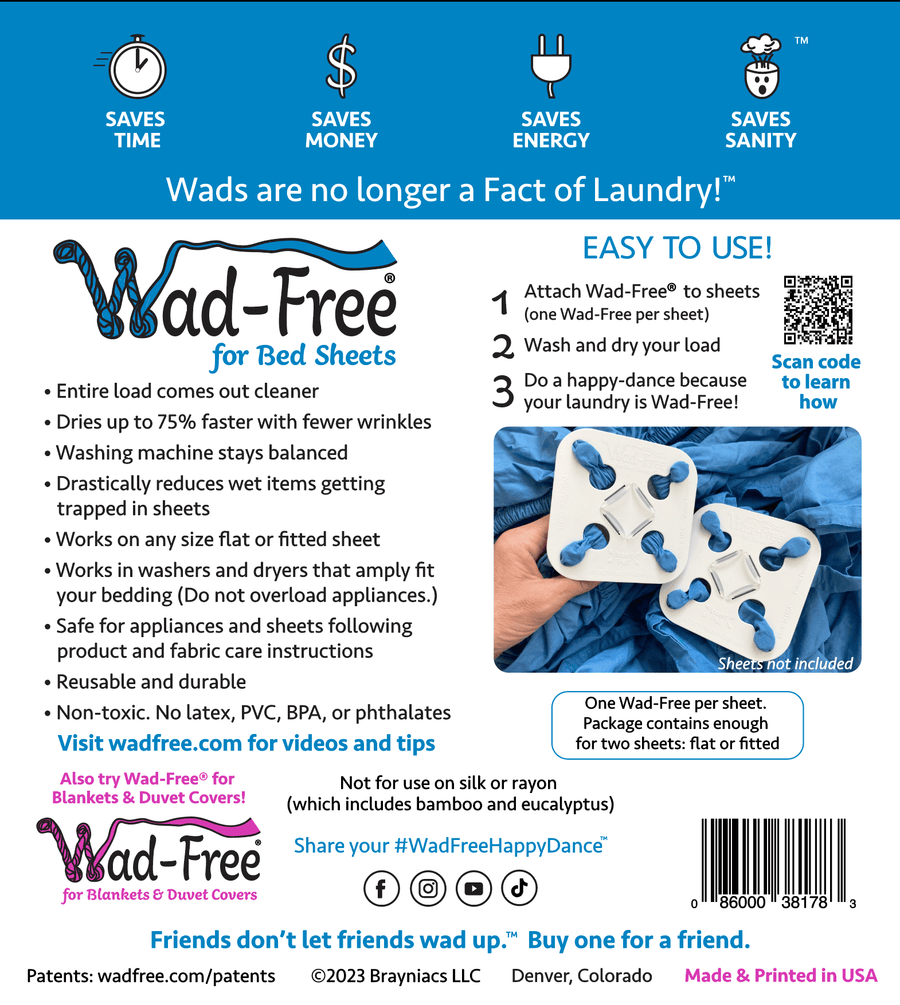 Wad-Free Bed Wad Preventer Sheet Detangler packaging back the package is white and blue and shows Wad-Frees attached to two blue sheets