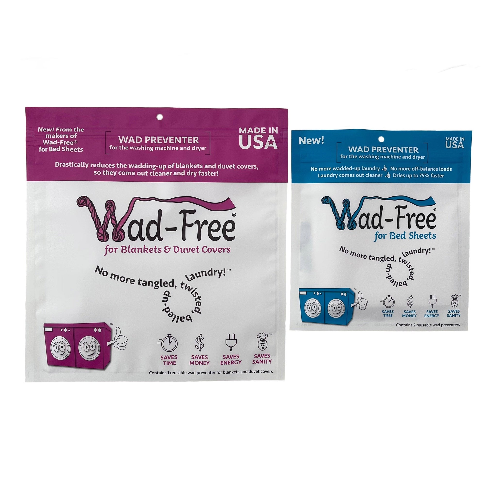 Wad-Free Combo Pack Packaging shows a vivid orchid color package of Wad-Free for Blankets &amp; Duvet Covers and a blue package of Wad-Free for Bed Sheets 