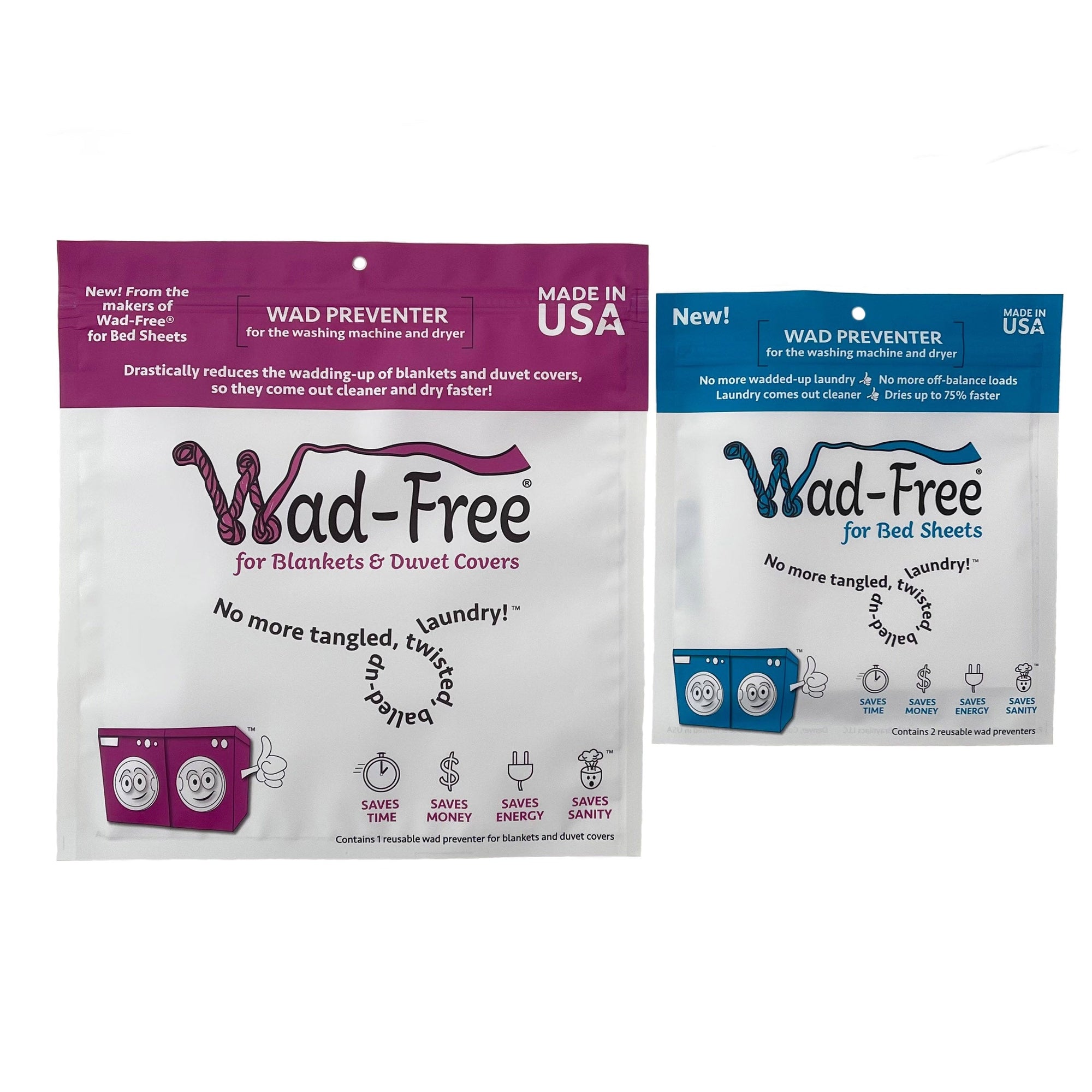 Wad-Free Combo Pack Packaging shows a vivid orchid color package of Wad-Free for Blankets & Duvet Covers and a blue package of Wad-Free for Bed Sheets