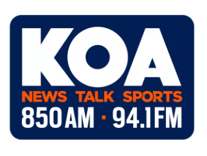 Wad-Free on KOA Radio Denver logo is white and orange type in a navy square