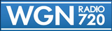 Wad-Free on WGN Radio Chicago logo is white sans serif type staggered in a blue rectangle with white bars at the top and bottom