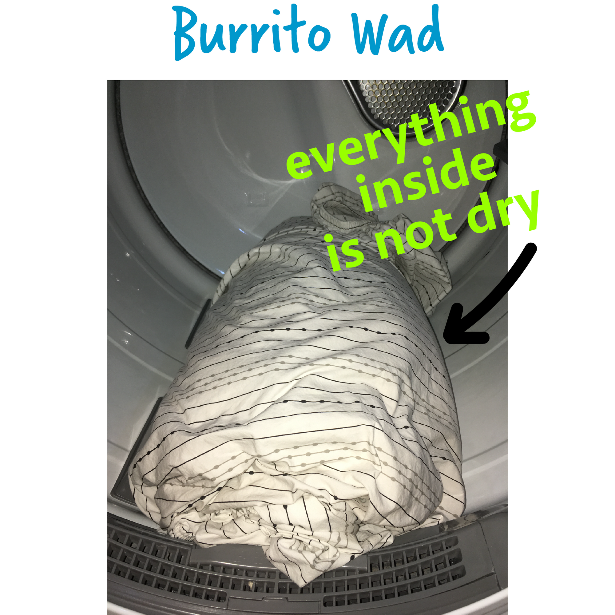 Wad-Free solves the Burrito Wad or ballsack of sheets where one sheet is wrapped around other items in the dryer and the items trapped inside are not dry