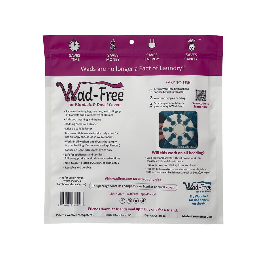 White and vivid orchid colored packaging of Wad-Free for Blankets and Duvet Covers packaging back includes product specifications and a photo of a teal blanket attached to a white round Wad-Free