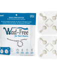 Wad-Free for Bed Sheets blue and white packaging Wad Preventer for the washing machine and dryer is Made in USA Logo is blue and black with the words  no more tangled twisted balled up laundry twisted underneath. Blue cartoon characters have a thumbs up Graphics for saves time with a clock saves money with a dollar sign saves energy with a plug and saves sanity with a head blowing up. Each package contains two reusable wad preventers. Two square plastic Wad-Free are shown