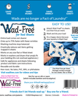 Wad-Free Bed Wad Preventer Sheet Detangler packaging back the package is white and blue and shows Wad-Frees attached to two blue sheets